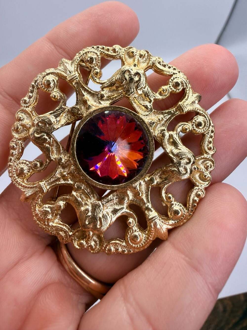 Vintage Gold Tone Watermelon AB Rivoli Crystal Brooch